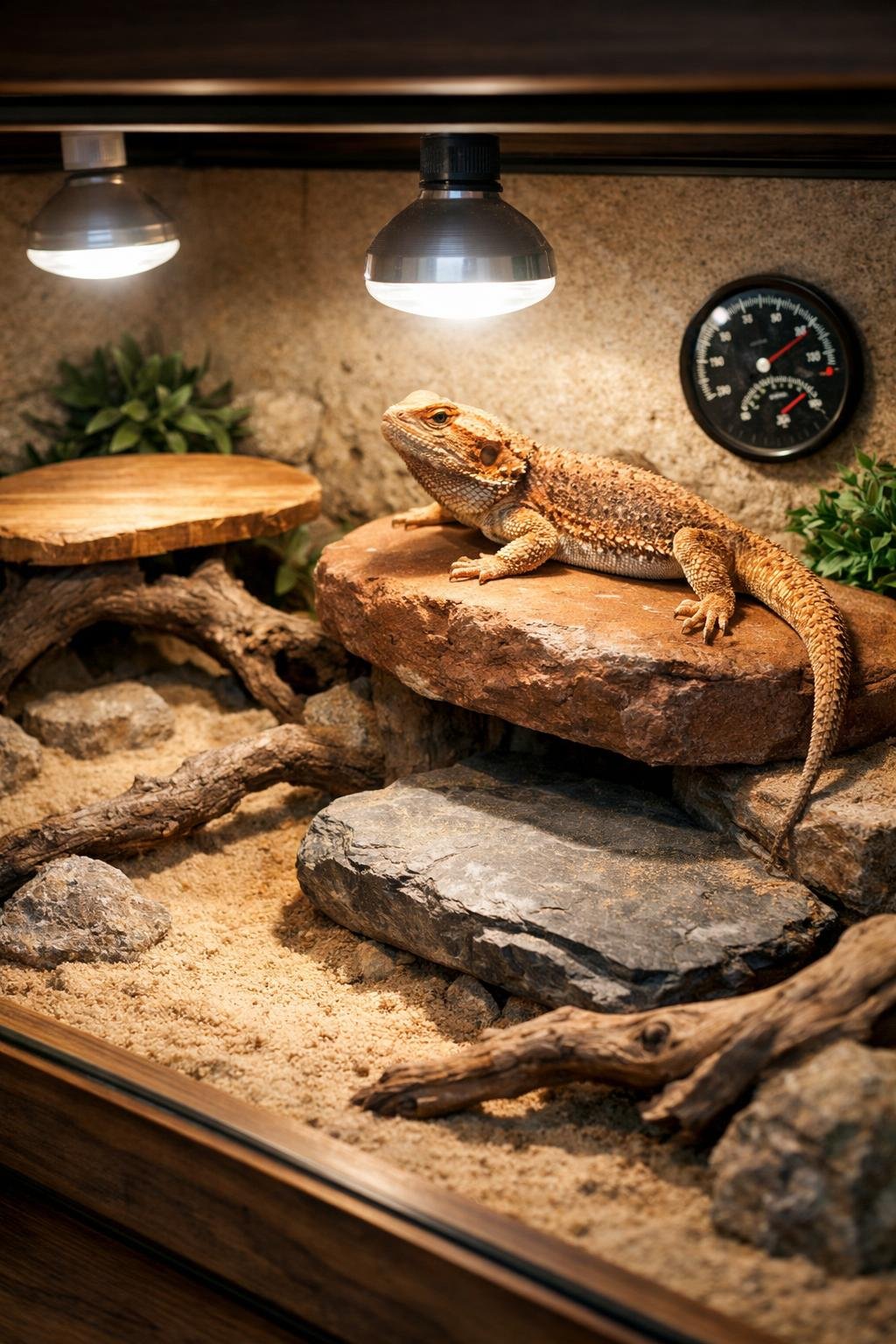 A bearded dragon enclosure with basking platforms placed under bright UVB lights surrounded by naturalistic elements like rocks and branches.