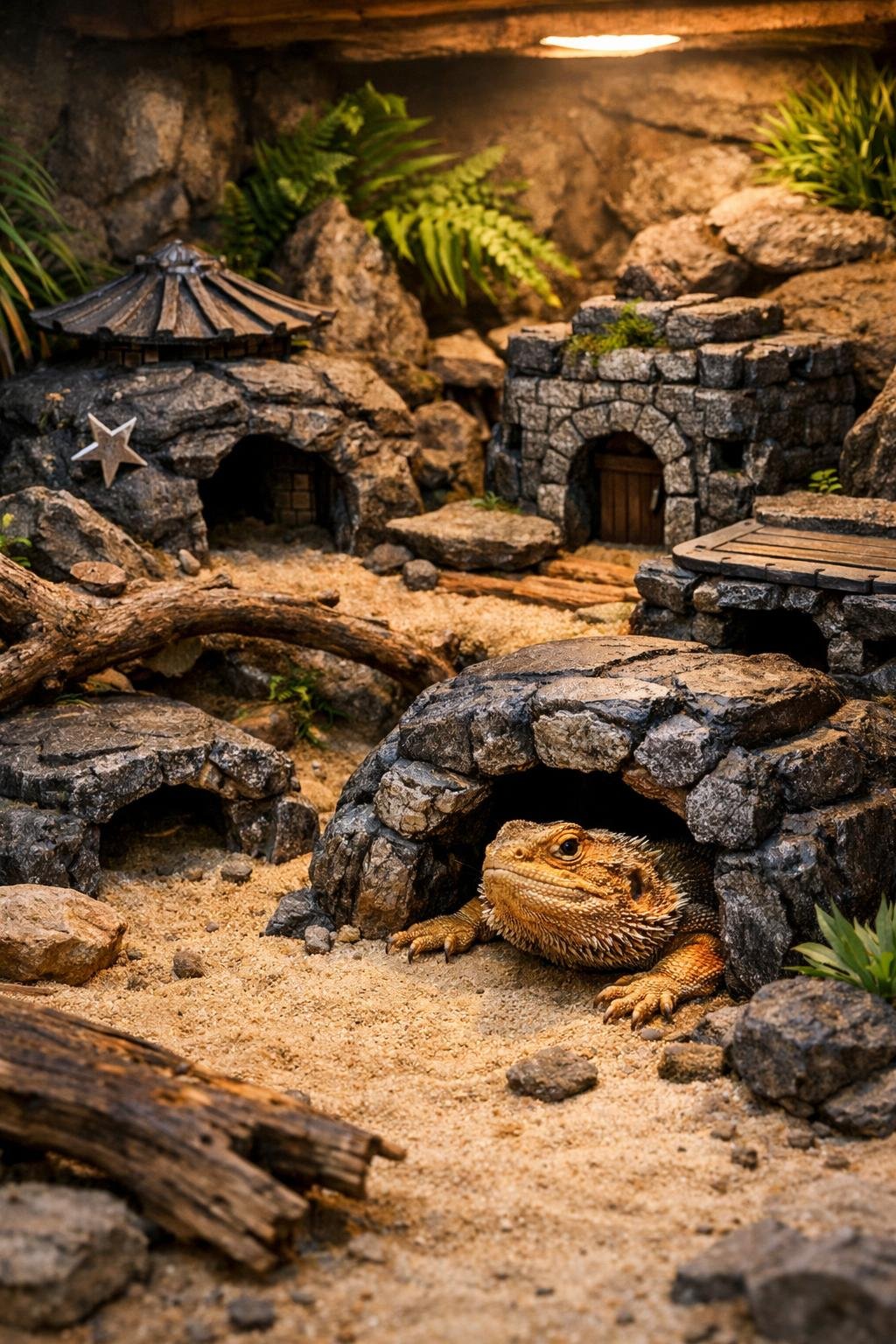 A bearded dragon enclosure with multiple cave-like hides made from stones and wood, surrounded by sand, rocks, and plants, with a bearded dragon resting near one of the hides.