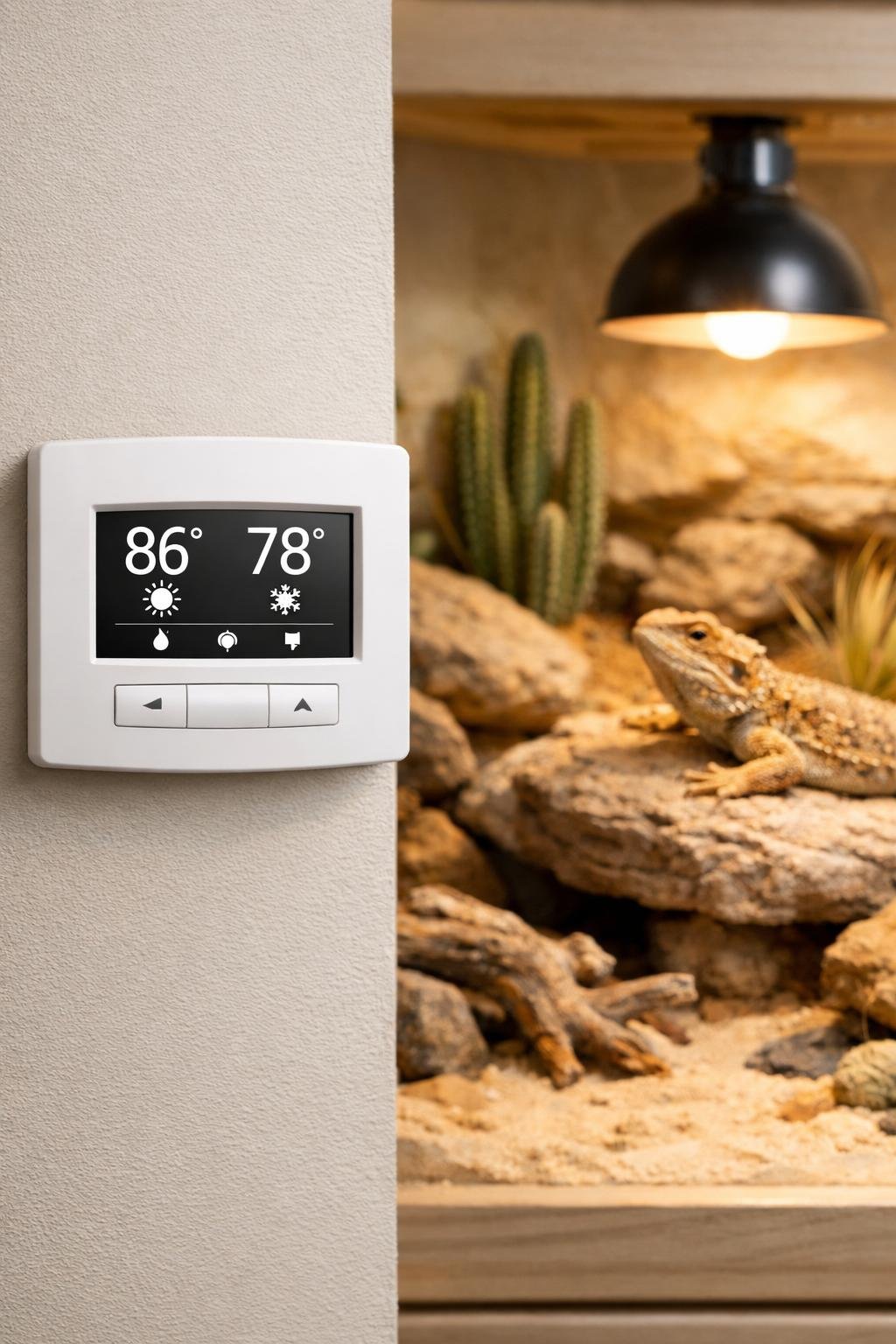 A digital thermostat on the wall of a bearded dragon enclosure with natural desert-like elements and a bearded dragon basking on a rock.