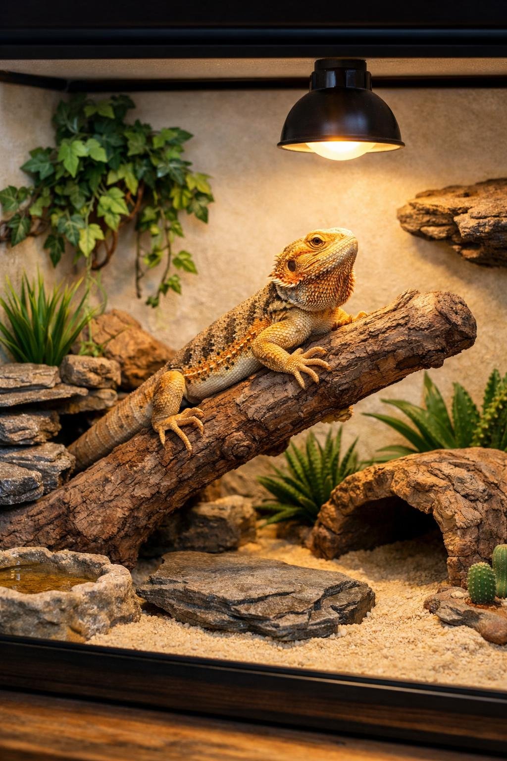A bearded dragon resting on a branch inside a secure enclosure with natural décor safely attached.