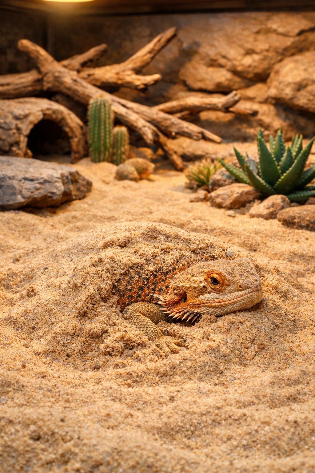 A bearded dragon partially buried in deep sand inside a spacious desert-themed enclosure with rocks, plants, and branches.