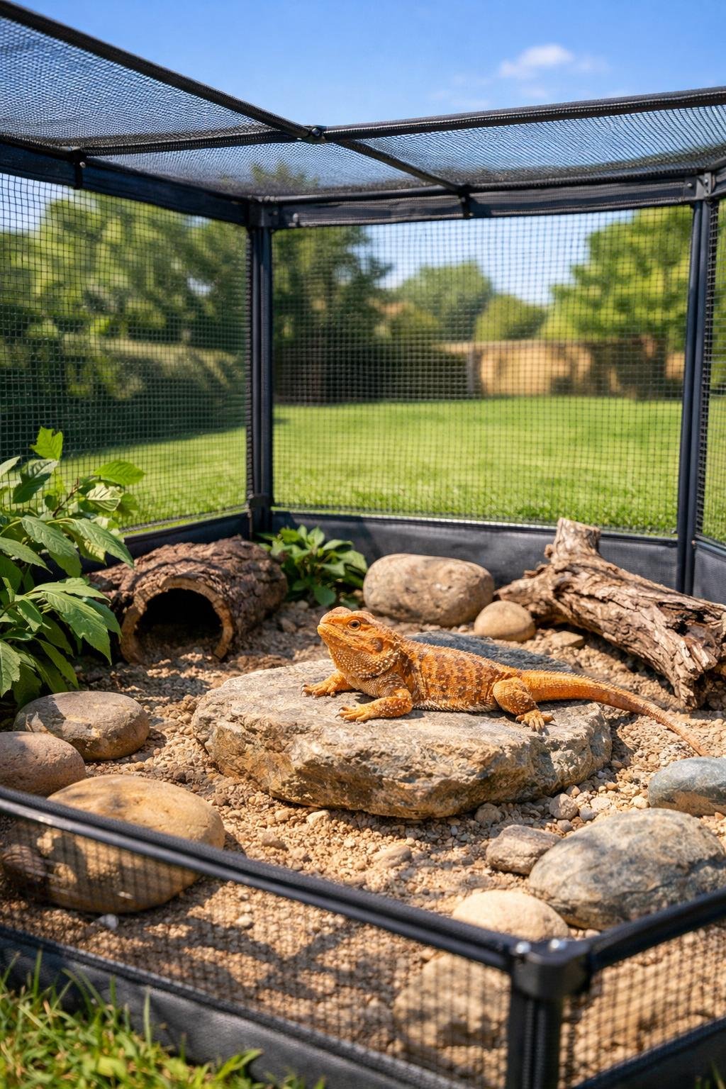 An outdoor playpen for a bearded dragon with rocks and branches, set in a sunny backyard.