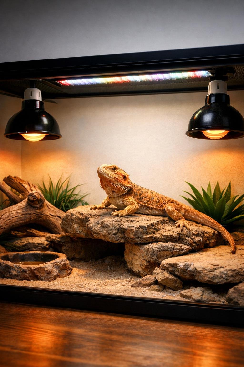 A bearded dragon basking on a rock inside a well-lit enclosure with LED lights and ceramic heat emitters.
