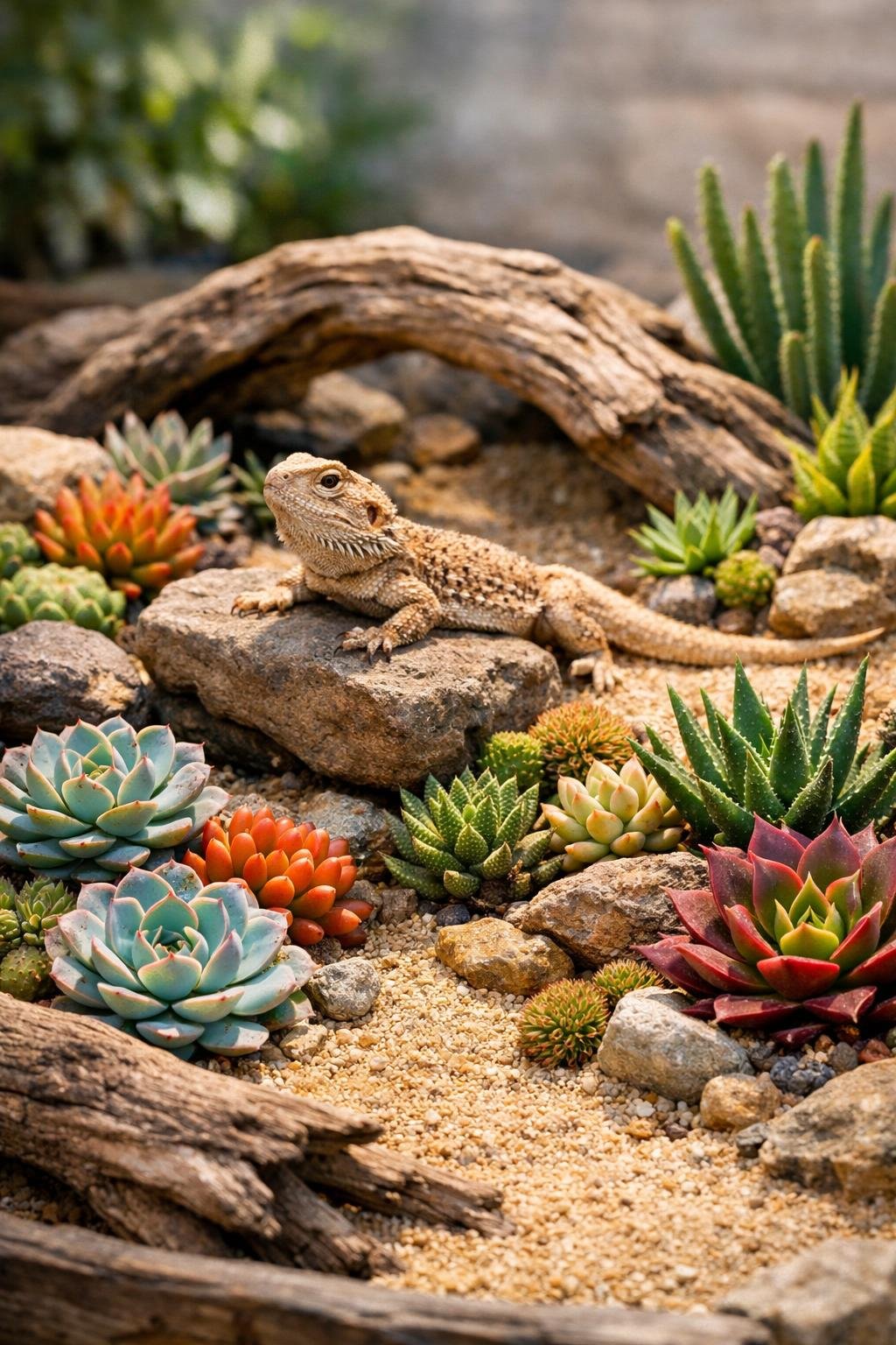 A small succulent garden with various plants, rocks, and sand arranged in a decorative enclosure.