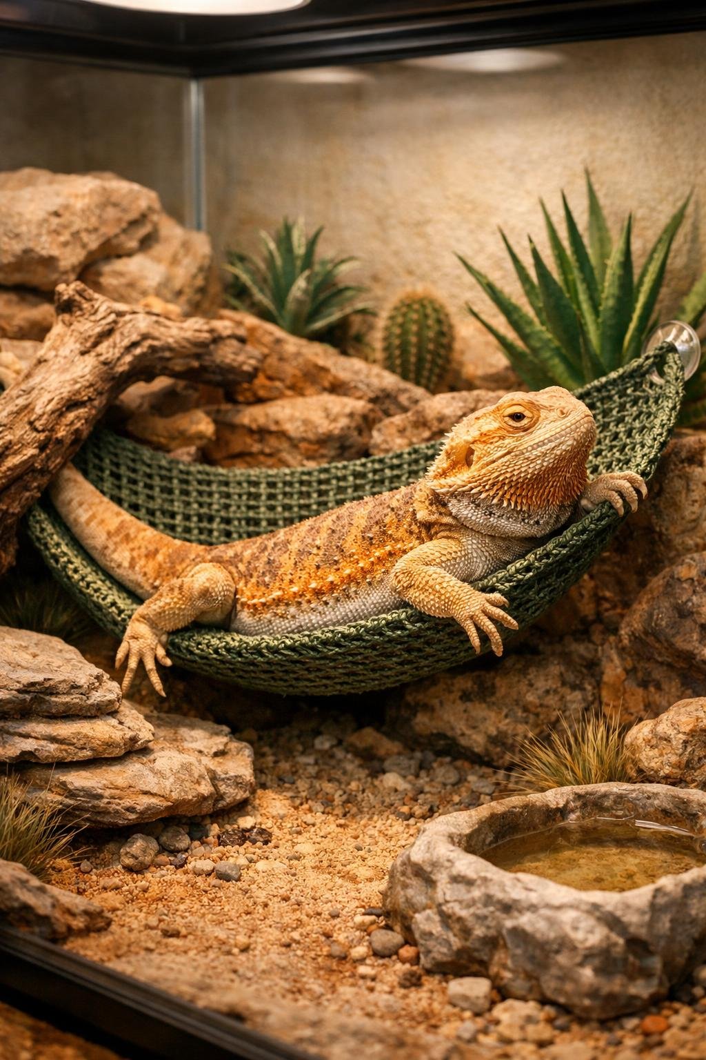 Bearded dragon enclosure with a hammock or climbing branch surrounded by rocks and plants.