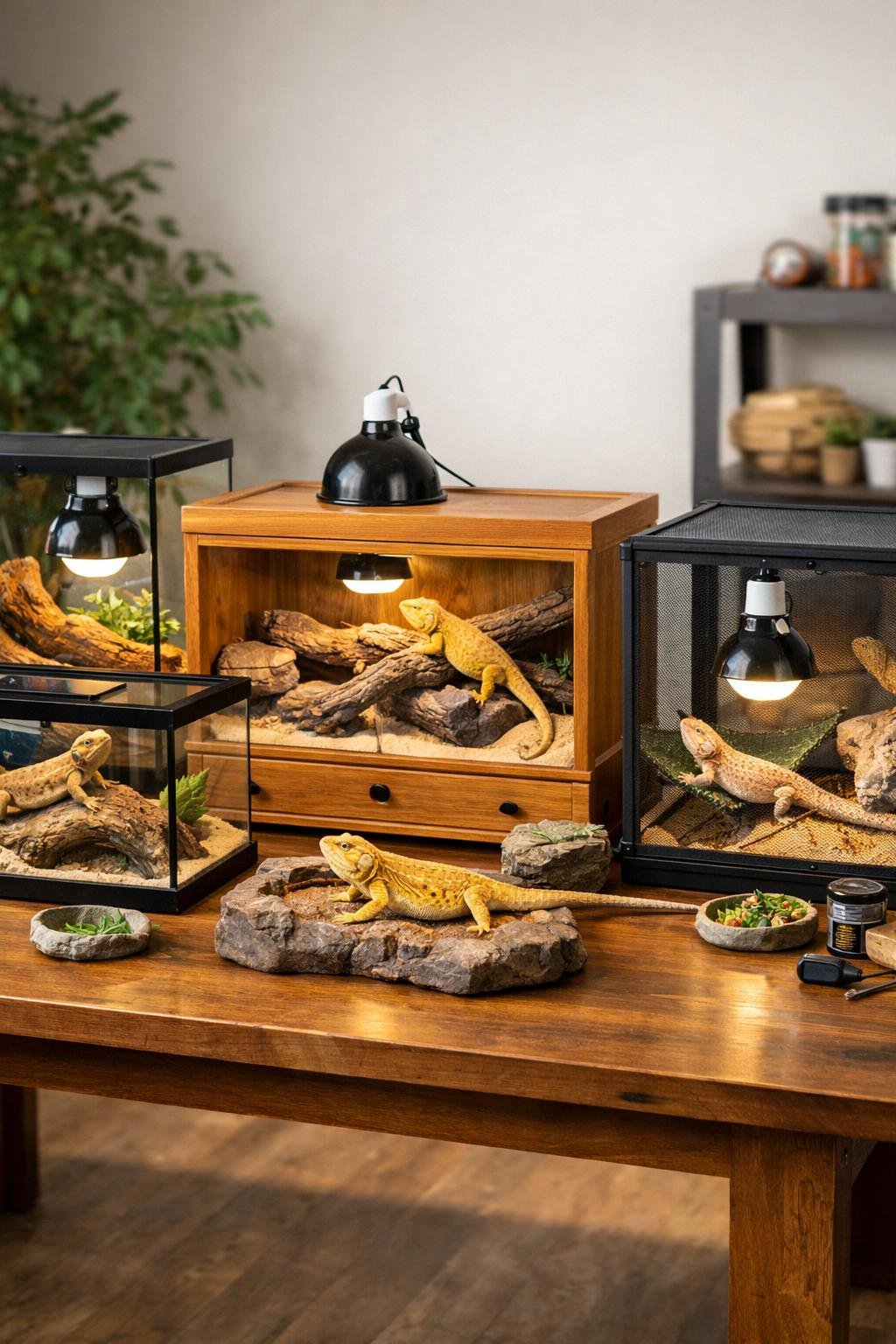 Multiple bearded dragon enclosures with natural decorations and heat lamps, each housing bearded dragons in a bright room.
