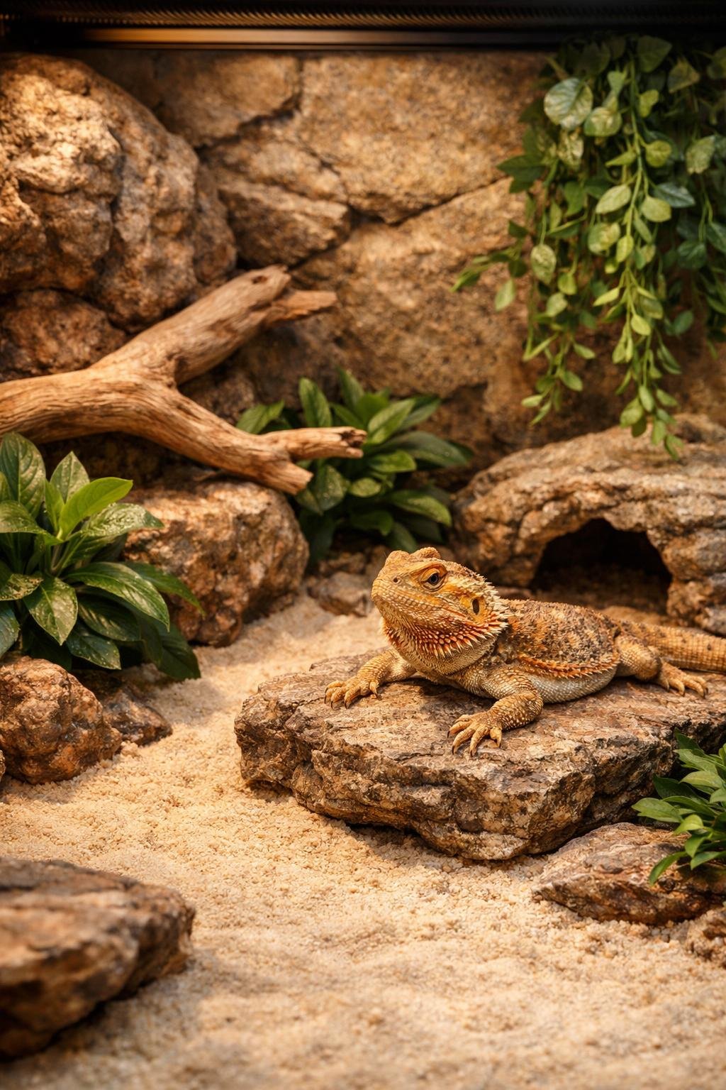 A bearded dragon resting on a rock inside a naturalistic enclosure with plants, branches, and sandy substrate.