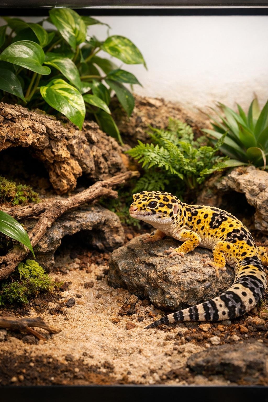 A leopard gecko in a terrarium with live plants, rocks, and natural hiding spots.