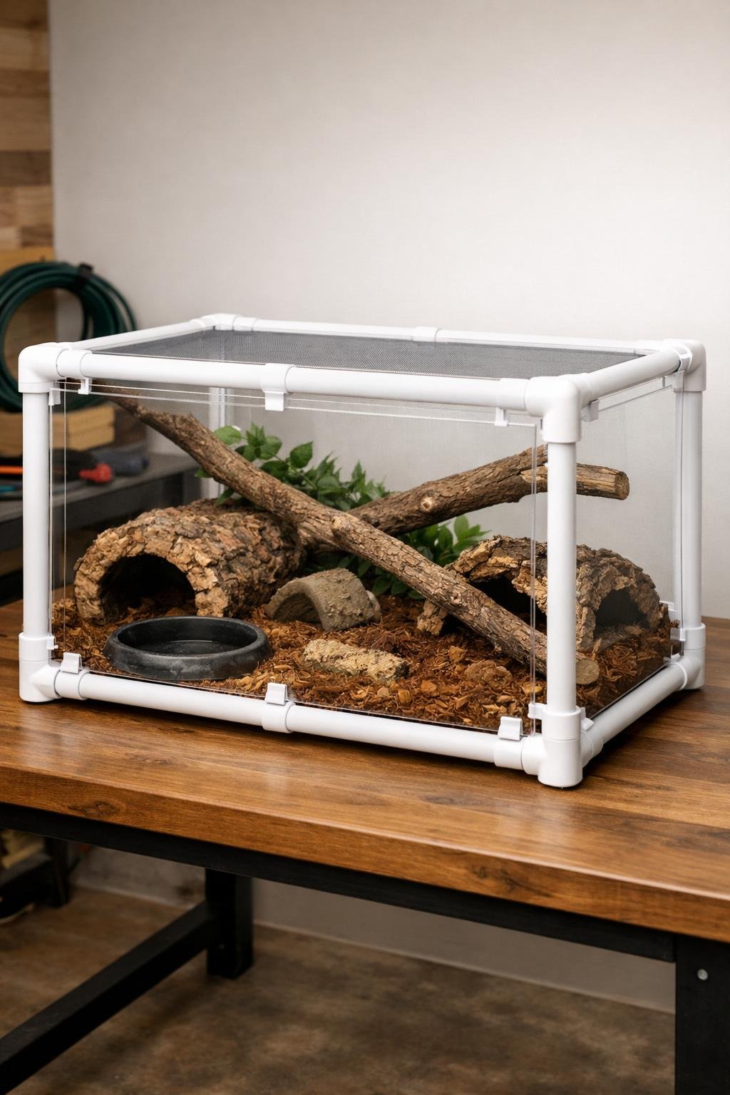 A DIY PVC frame enclosure for a ball python with naturalistic habitat elements inside, placed on a table in a well-lit indoor setting.