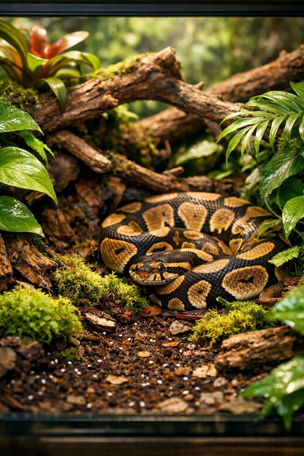 A ball python resting in a densely planted terrarium with live tropical plants, moss, and natural wood, creating a jungle-like habitat.