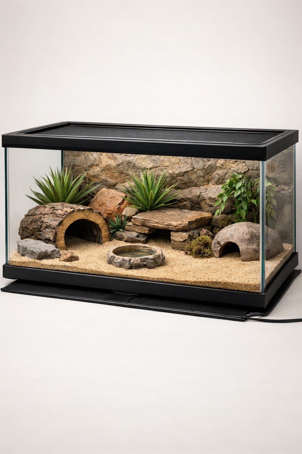 A compact 20-gallon glass terrarium with a heat mat underneath, containing naturalistic habitat elements for a leopard gecko.