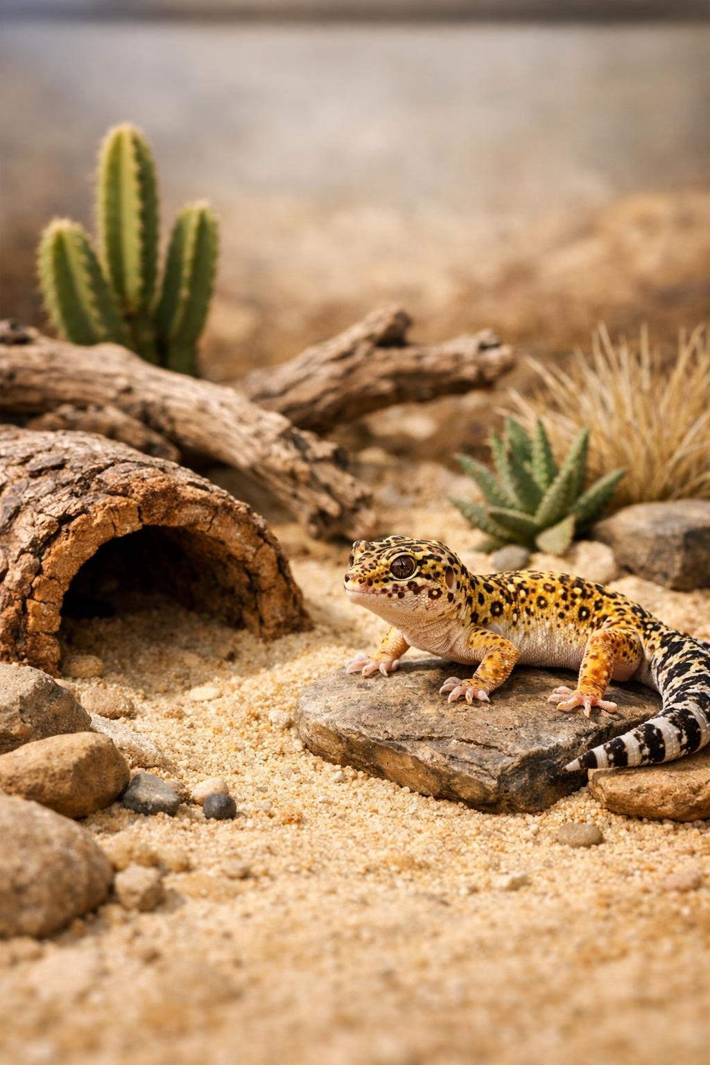 A leopard gecko inside a desert-themed enclosure with sand-colored substrate, rocks, and desert plants.