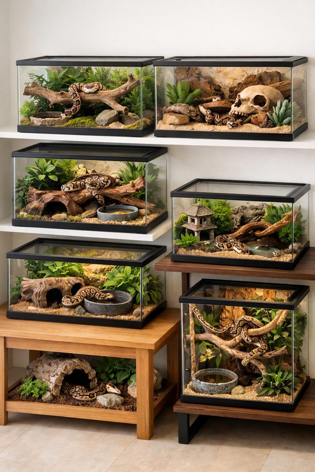 Several ball python enclosures with varied natural decor and climbing structures, each housing a ball python exploring its environment.