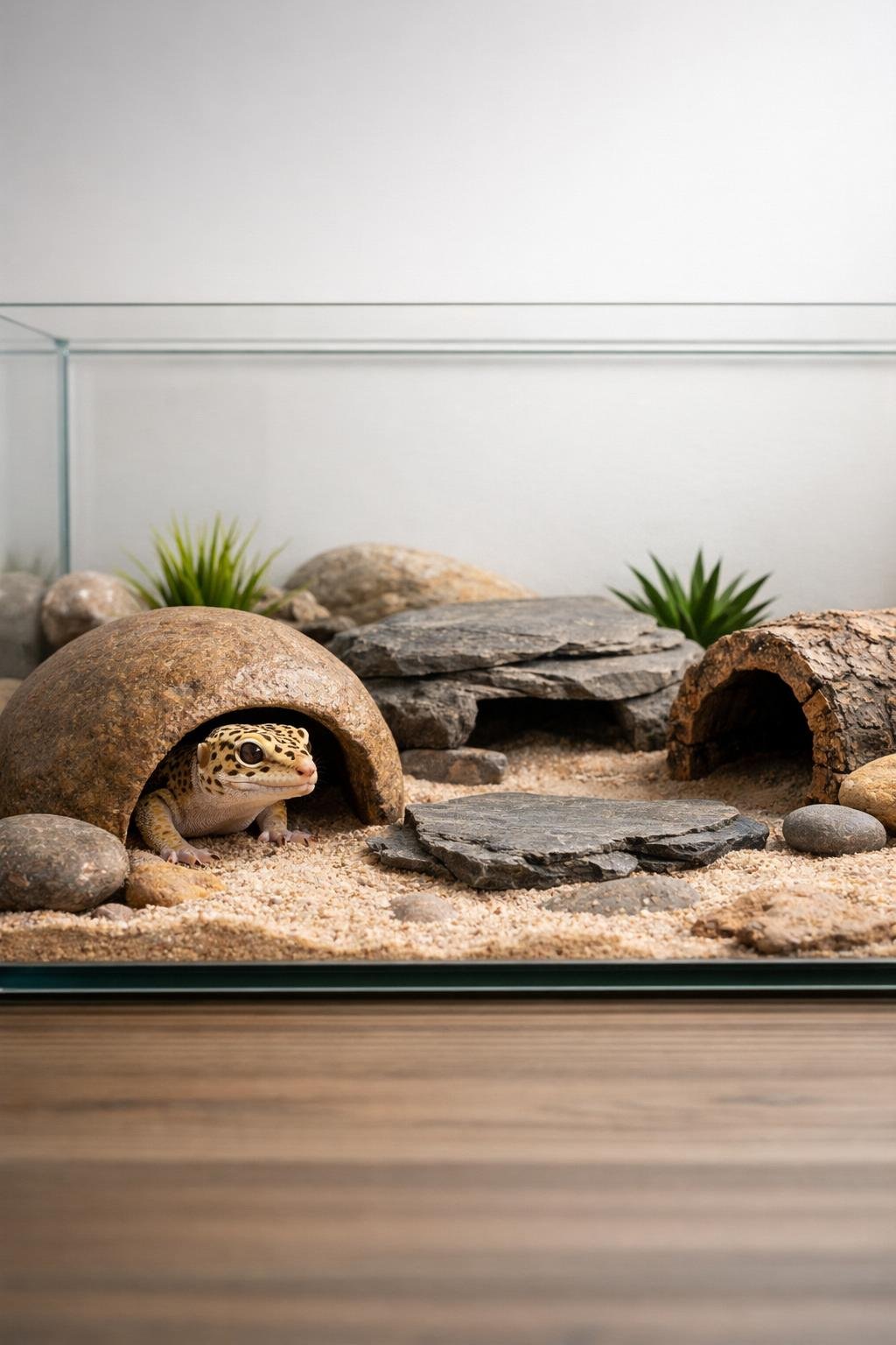 A leopard gecko inside a modern enclosure with clear glass walls, rocks, plants, and several hiding spots.