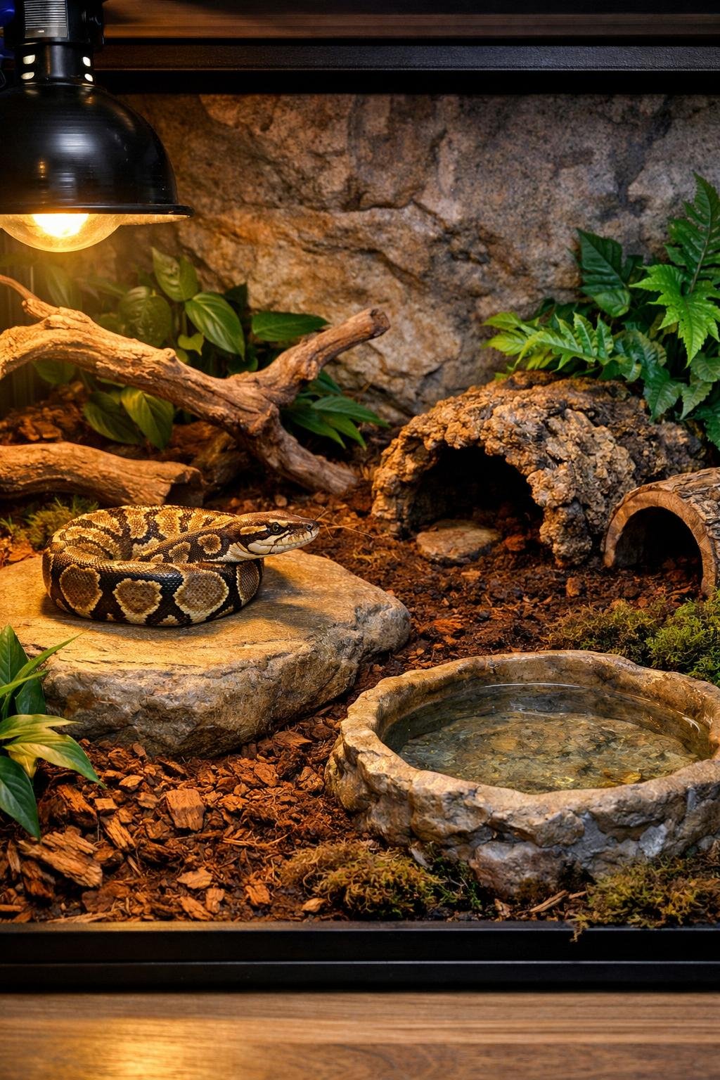 A ball python enclosure showing a warm basking area with heat lamp and a cooler shaded area with hiding spots and plants.