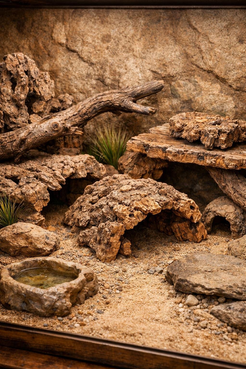A leopard gecko enclosure with natural wood and cork bark climbing structures.