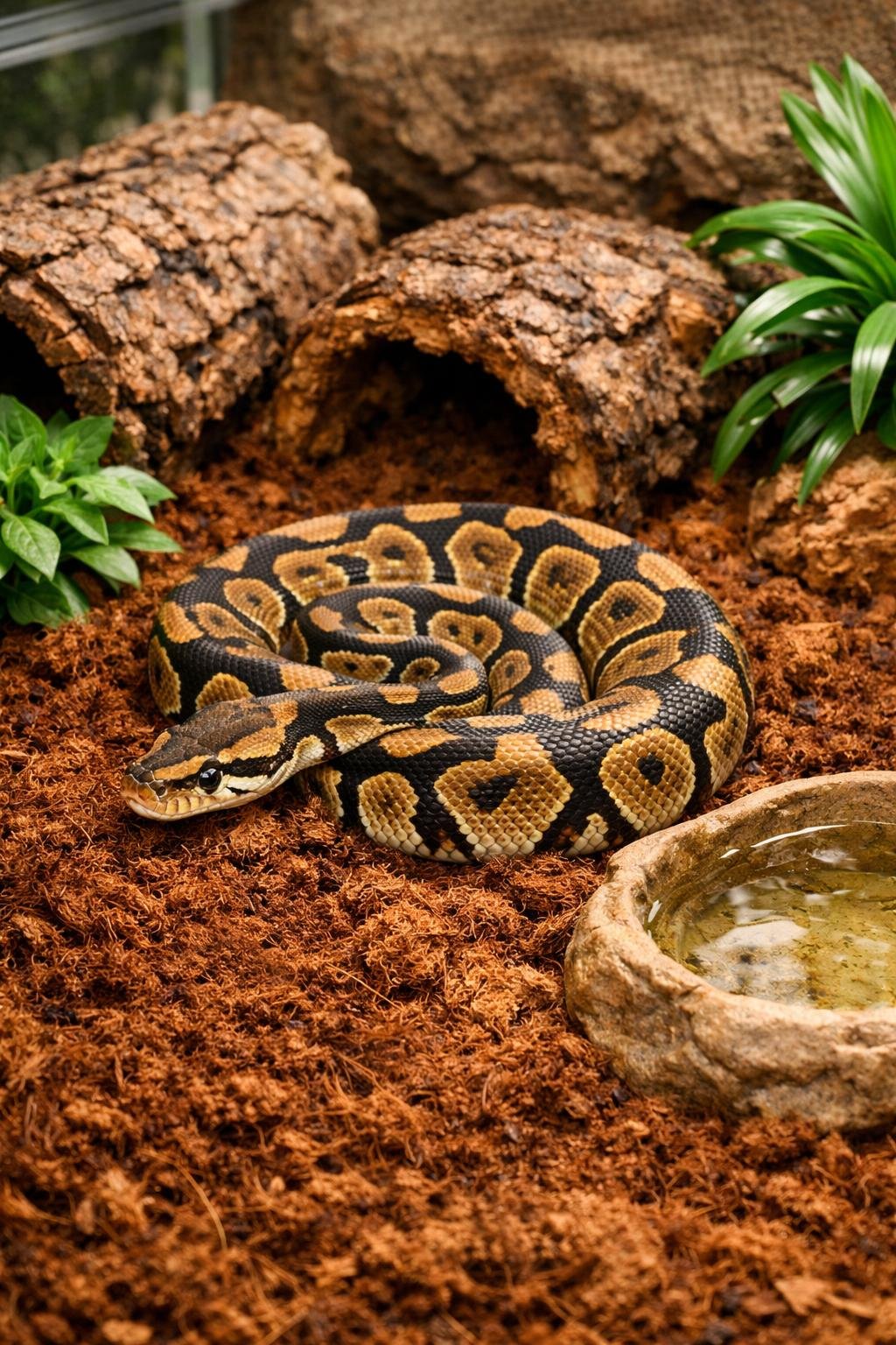A ball python resting on a bed of brown coconut fiber substrate inside a naturalistic reptile enclosure with plants and a water dish.