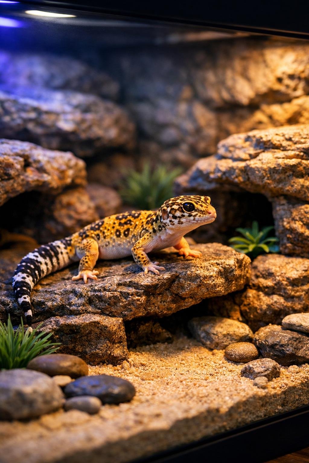 A leopard gecko resting on rocks inside a brightly lit enclosure with natural stone formations and sand.