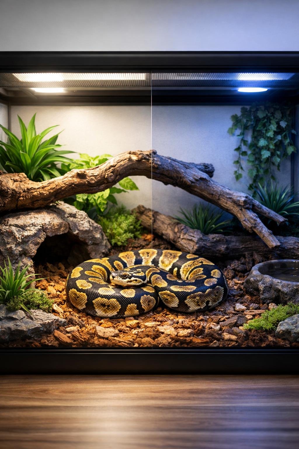 A ball python resting inside a well-lit enclosure with naturalistic decorations and LED lighting that changes from day to night.