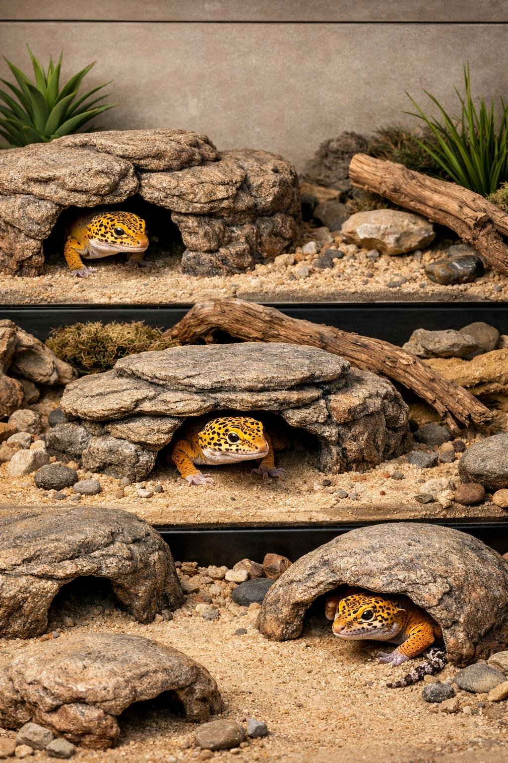 Several leopard geckos resting inside natural stone cave hideouts within terrariums filled with sand, rocks, and plants.