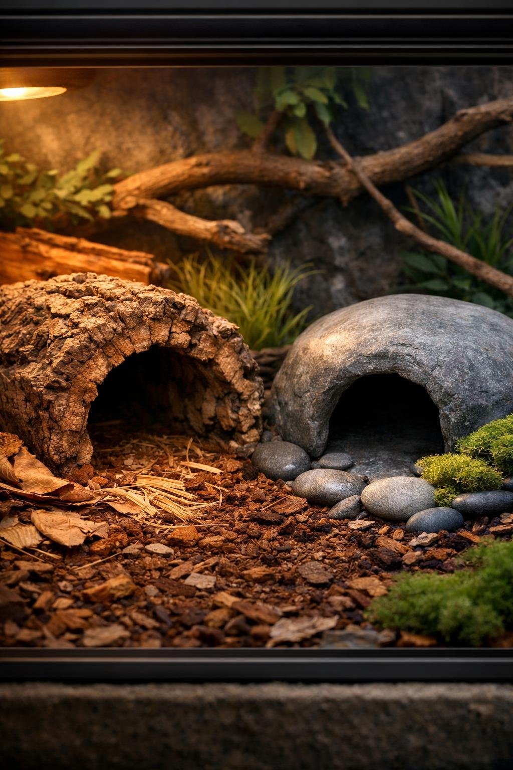 A ball python enclosure featuring two hides, one warm-toned and cozy, the other cool-toned and shaded, surrounded by natural substrate and greenery.