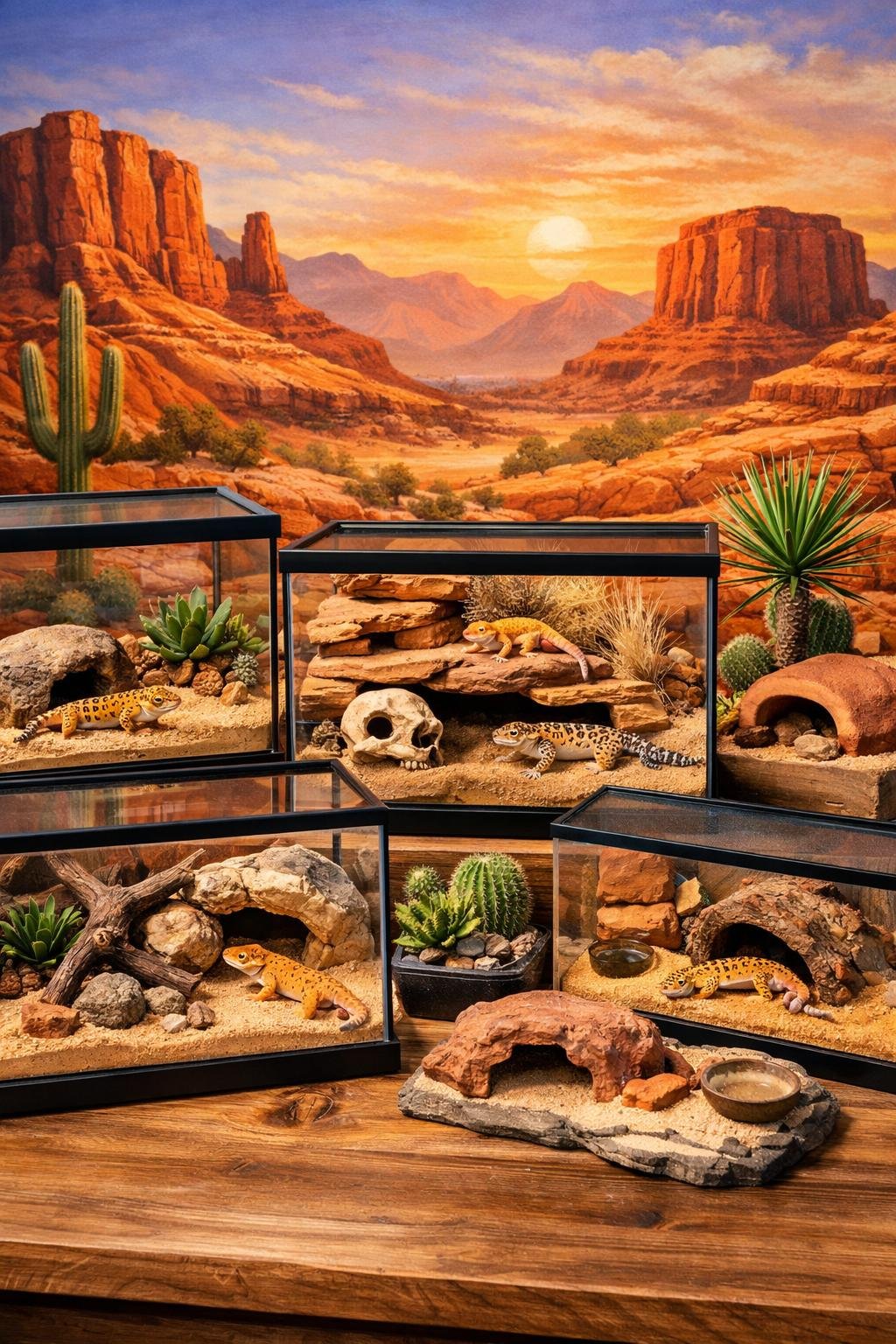 Several leopard gecko enclosures with rocky desert backgrounds and naturalistic decorations.