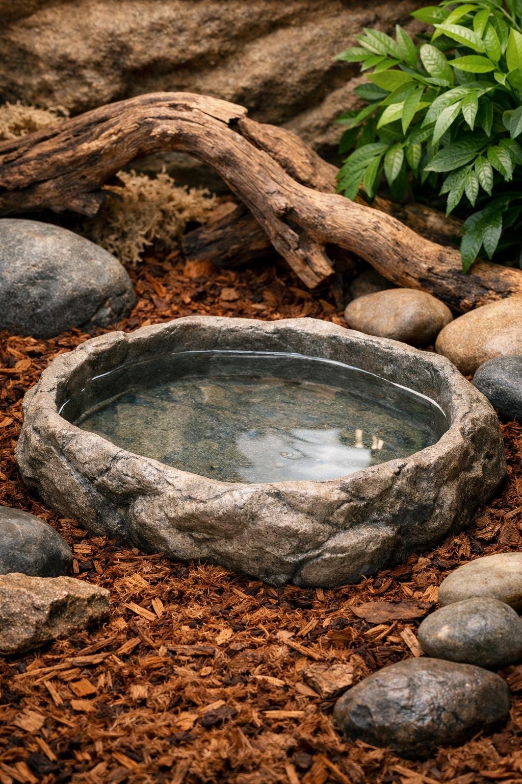 A large water dish filled with water inside a ball python enclosure surrounded by naturalistic substrate, rocks, wood, and green plants.