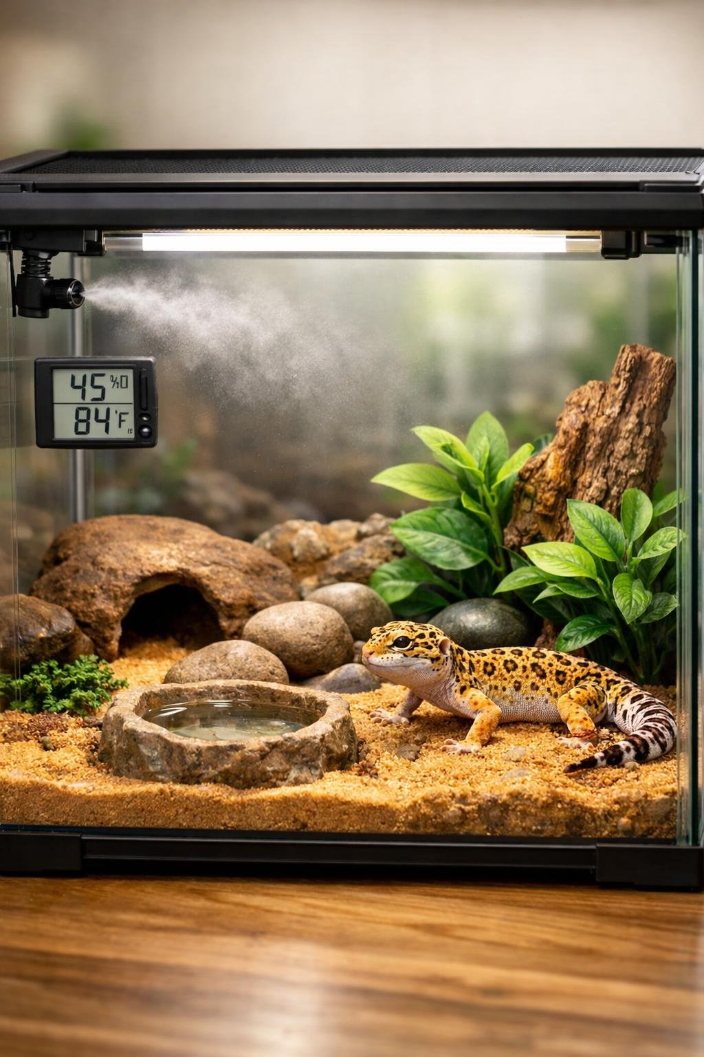 A glass terrarium with UVB lighting and humidity control, containing rocks, plants, and sandy substrate for a leopard gecko.
