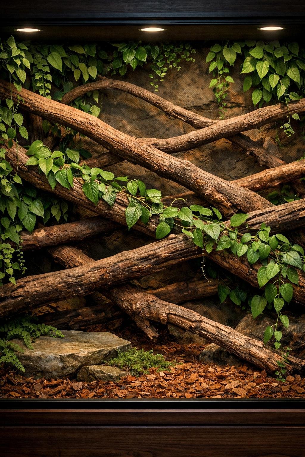 A ball python enclosure with wooden branch perches and green climbing vines creating a natural habitat.