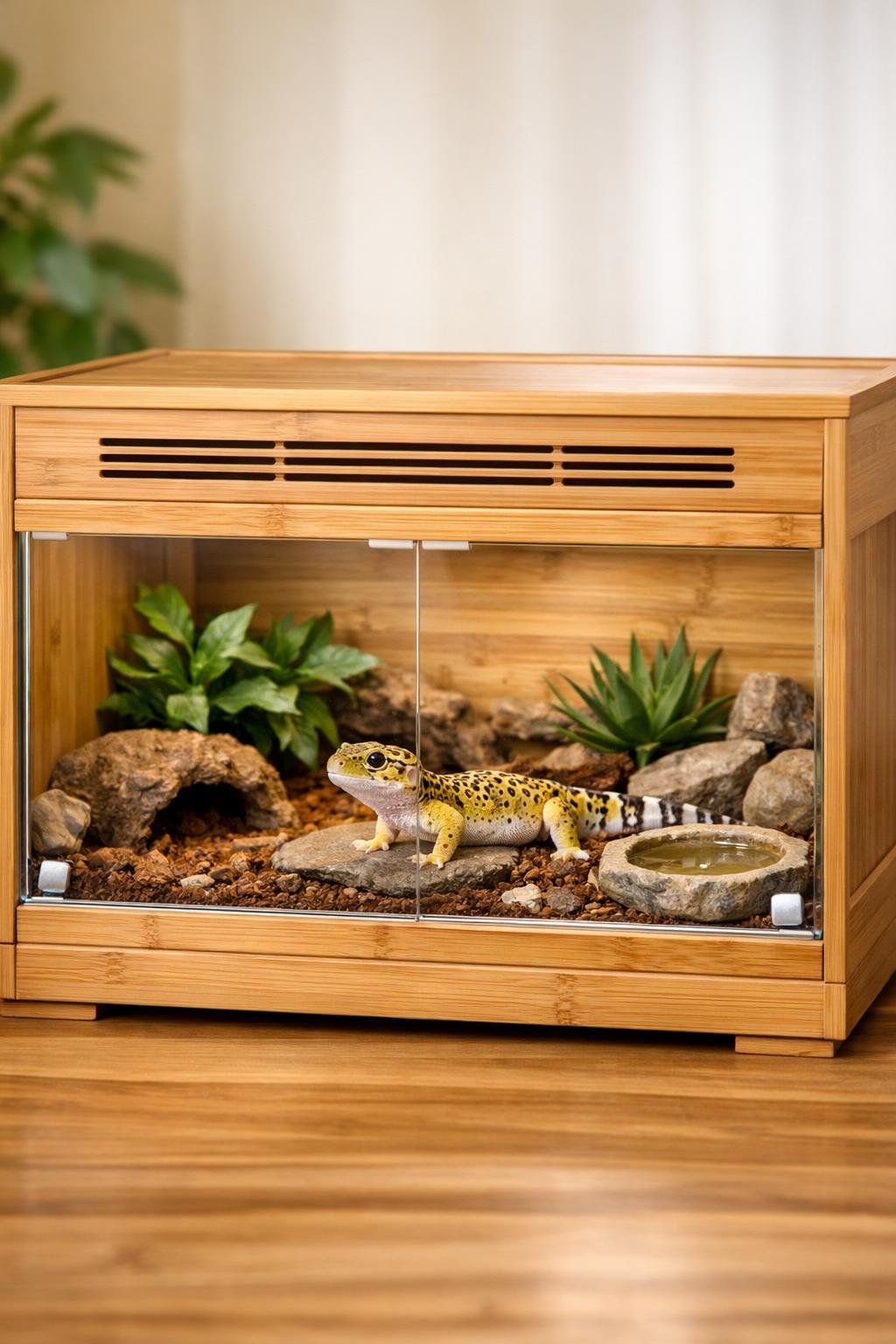 A bamboo enclosure with ventilation housing a leopard gecko on natural substrate with plants and rocks.