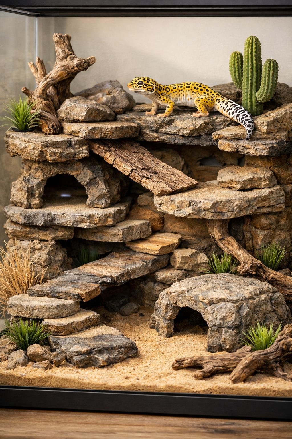 A multi-level leopard gecko enclosure with platforms, ramps, and natural decorations, showing a leopard gecko climbing inside.