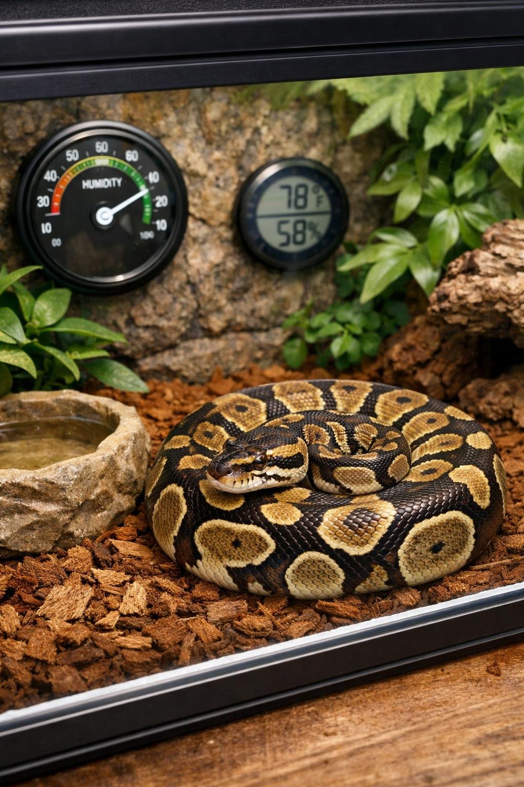A ball python resting inside a terrarium with silicone sealant along the glass edges and humidity control elements visible.