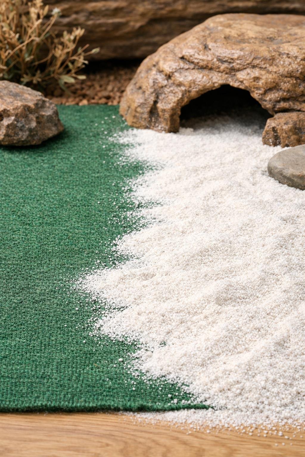Close-up of a reptile enclosure floor showing a mix of reptile carpet and white calcium sand with rocks and a small hideout.