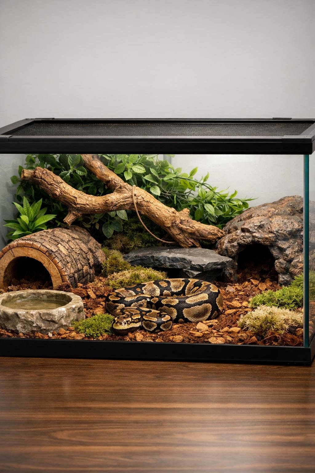 A clear glass enclosure with a mesh lid showing a naturalistic ball python habitat inside.