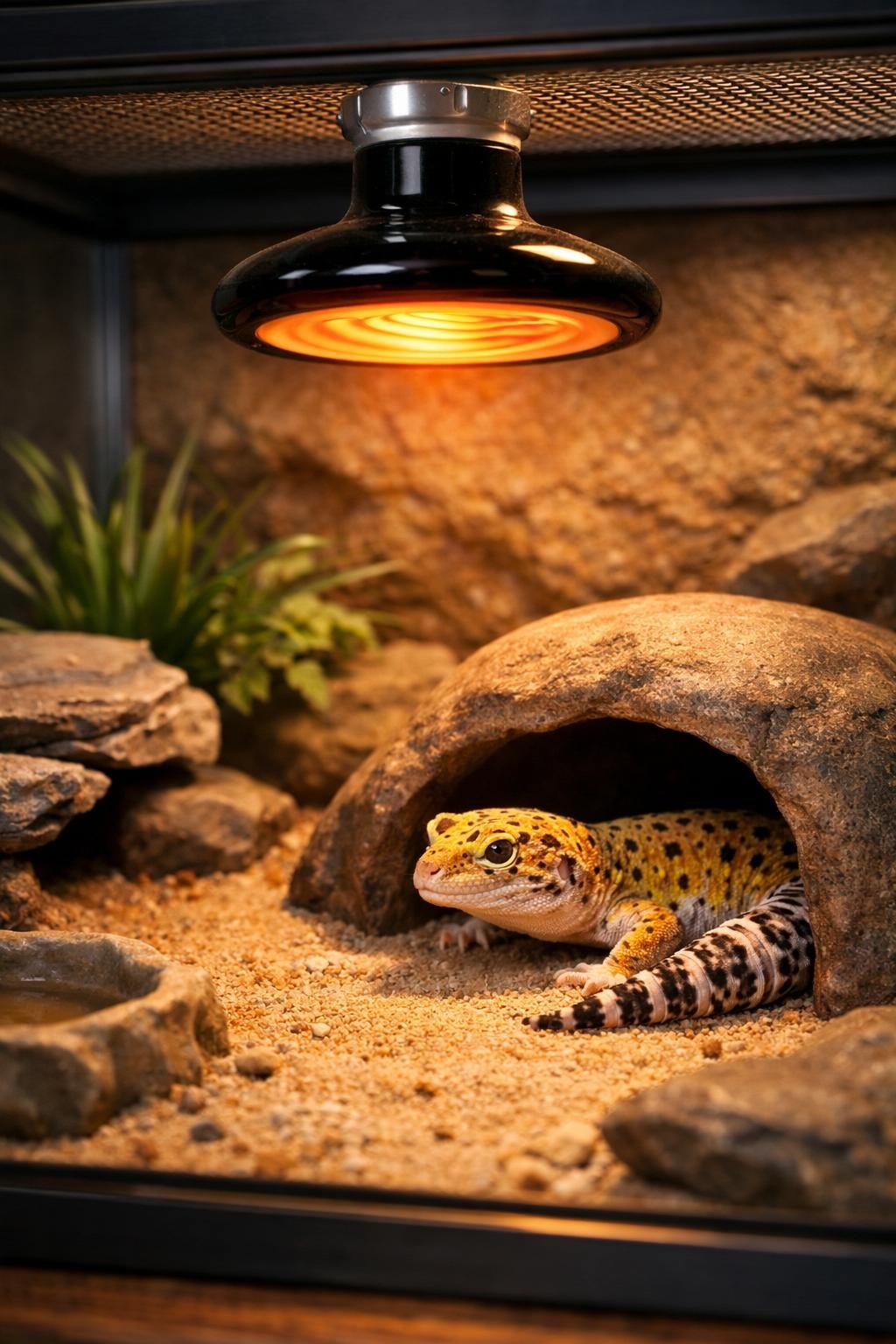 Leopard gecko resting near a warm hide inside an enclosure with a ceramic heat emitter overhead.