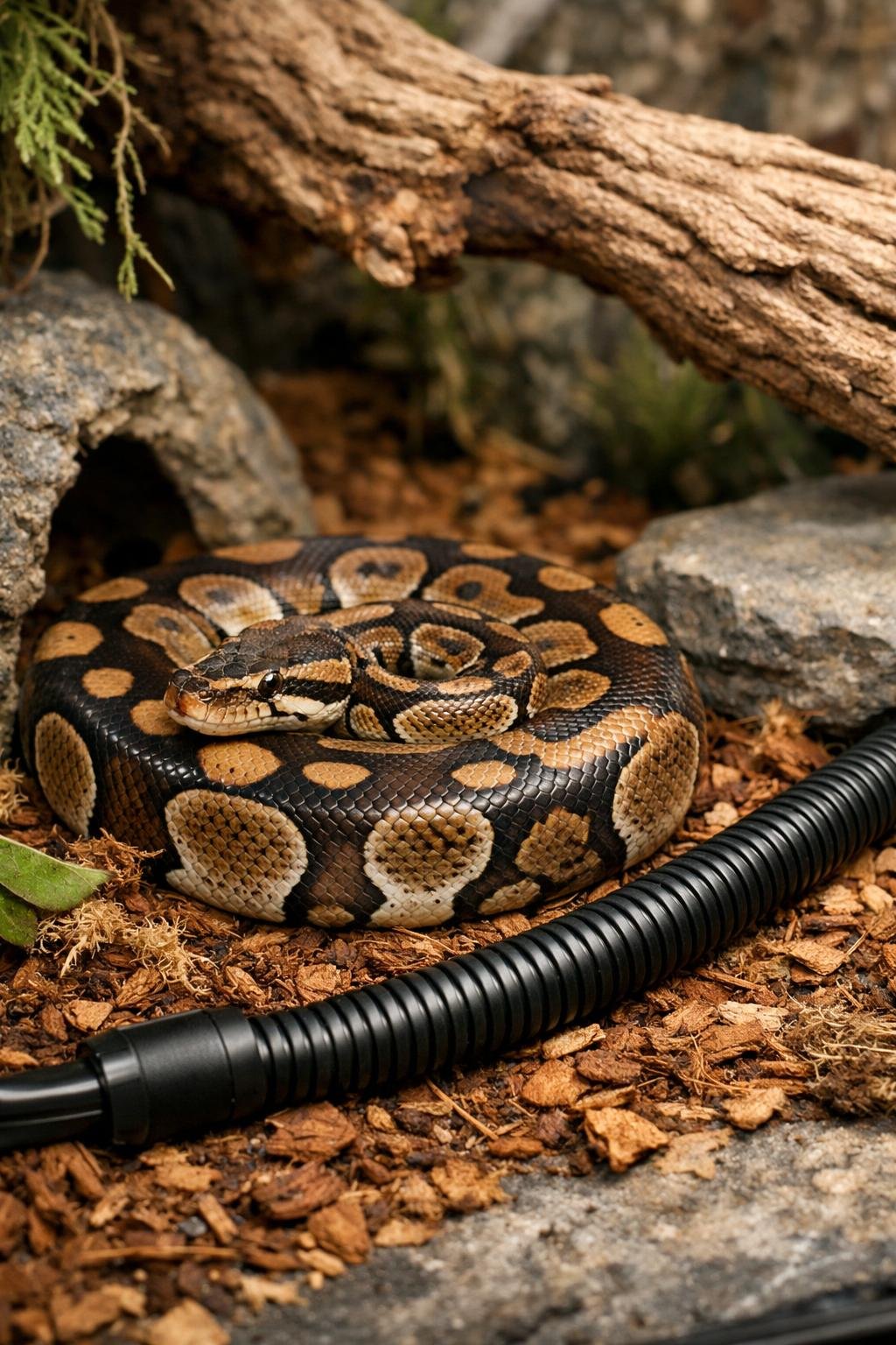 A ball python resting inside a terrarium with cable covers protecting heater wires, surrounded by natural enclosure elements.