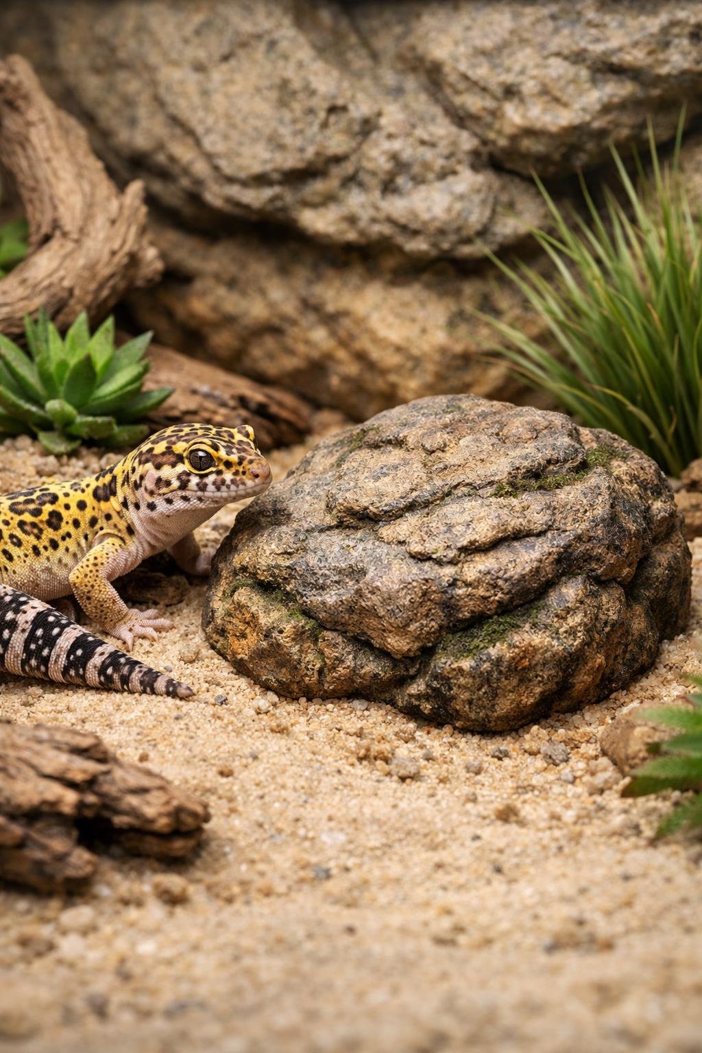 Leopard gecko enclosure with a decorative rock hiding a water dish inside, surrounded by natural substrate and plants.