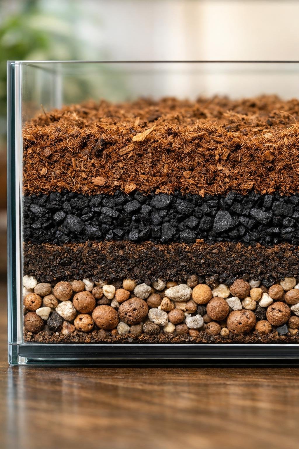 Close-up of a glass terrarium showing distinct layers of substrate including pebbles, charcoal, and soil for drainage and mold prevention.