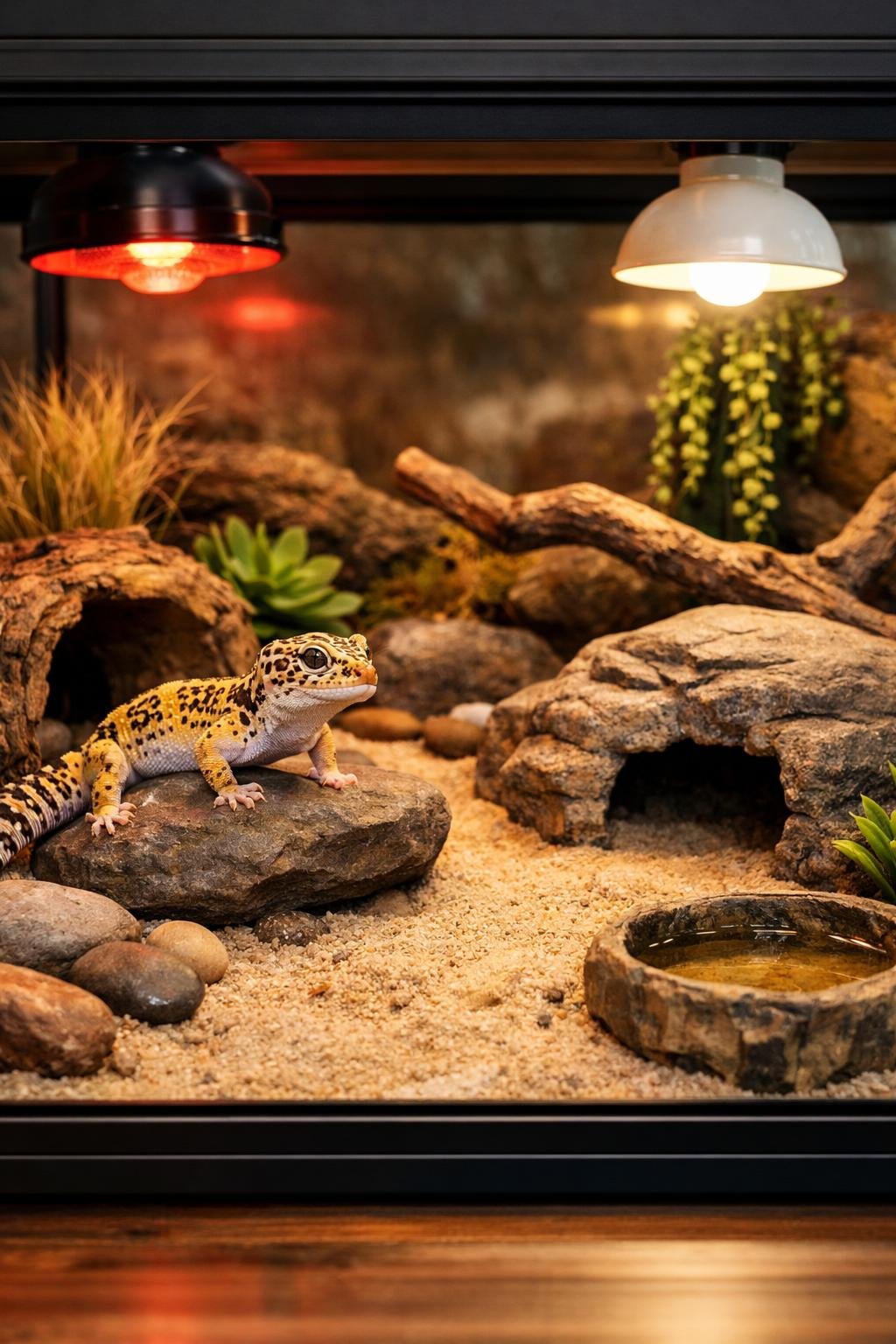 A leopard gecko inside a naturalistic enclosure with rocks, plants, hiding spots, and warm lighting.