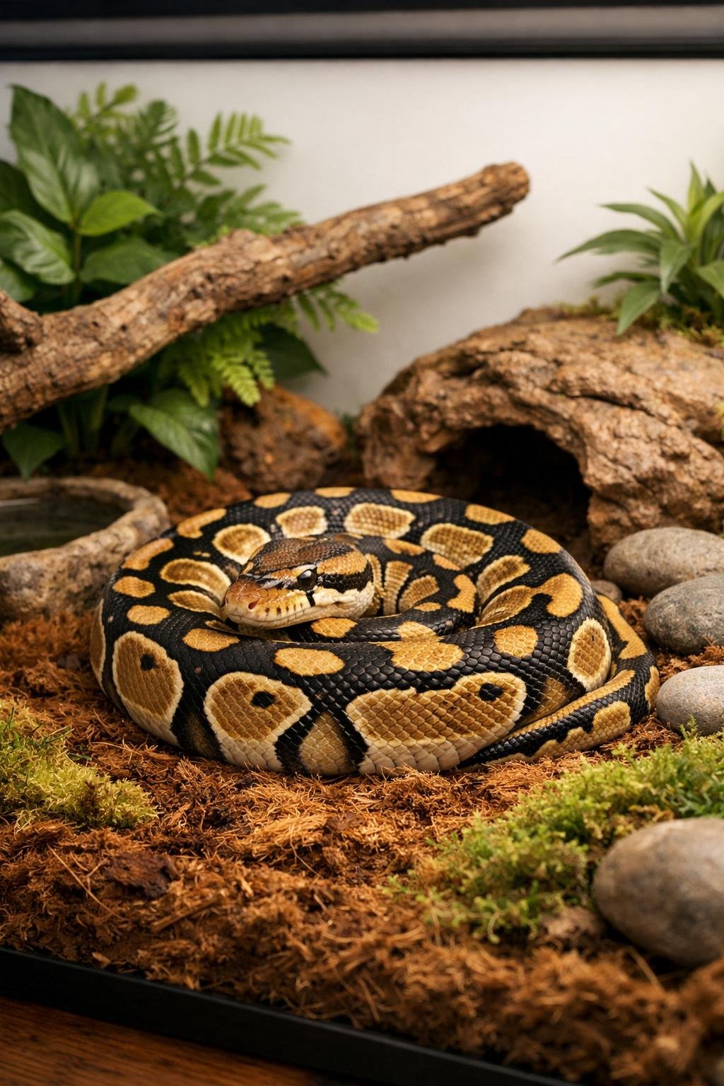 A ball python coiled inside a naturalistic enclosure with plants, branches, and stones.