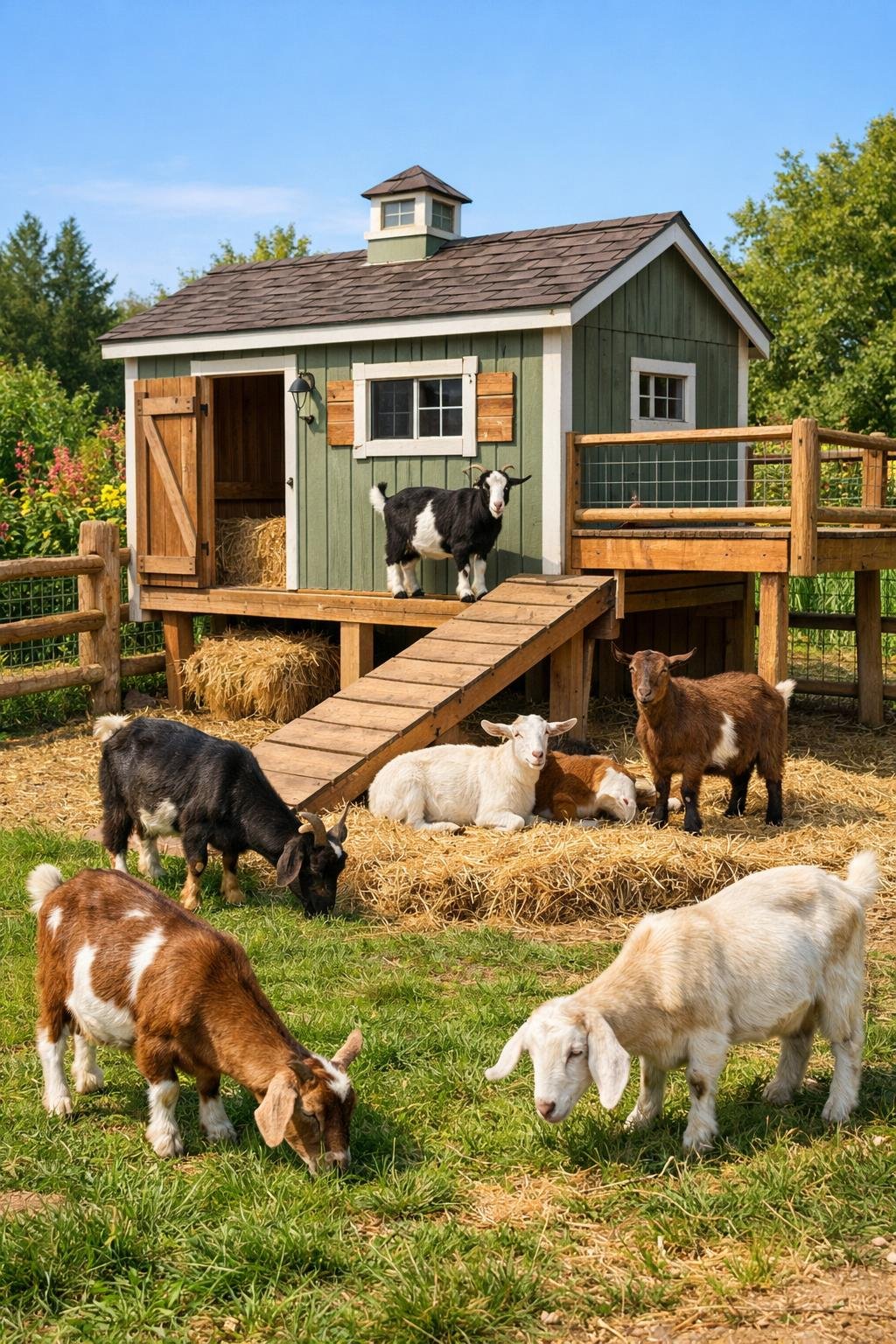 A garden shed converted into a goat retreat with goats inside a wooden fenced enclosure surrounded by green grass and garden plants.