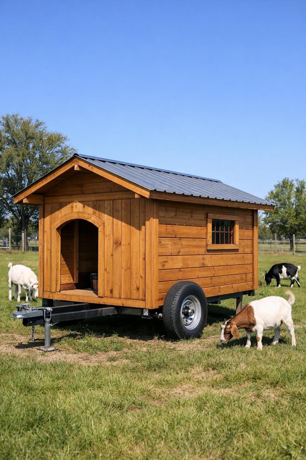 A wooden portable goat shed with wheels outdoors on grass, with goats nearby and trees in the background.