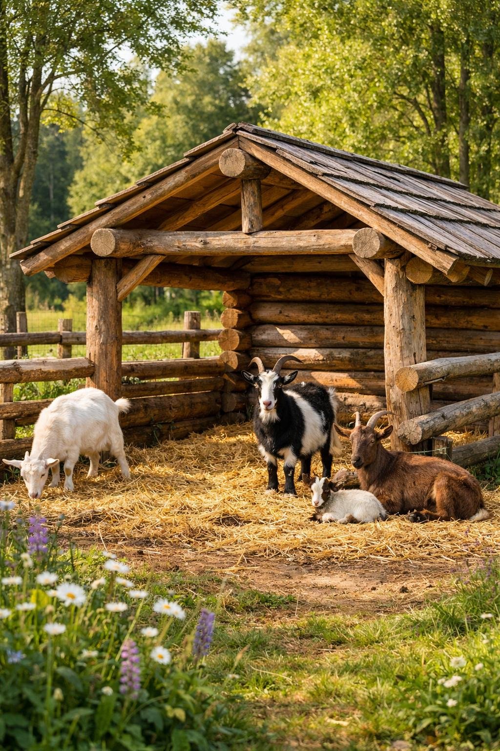 A wooden goat enclosure with goats inside surrounded by trees and grass in a rural outdoor setting.