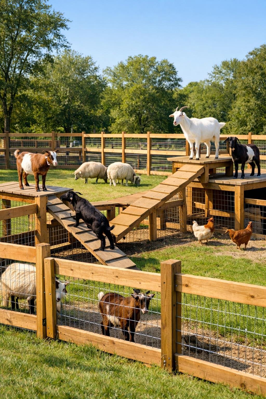 A multi-animal pen with goats using wooden ramps and runs in an outdoor farm setting.