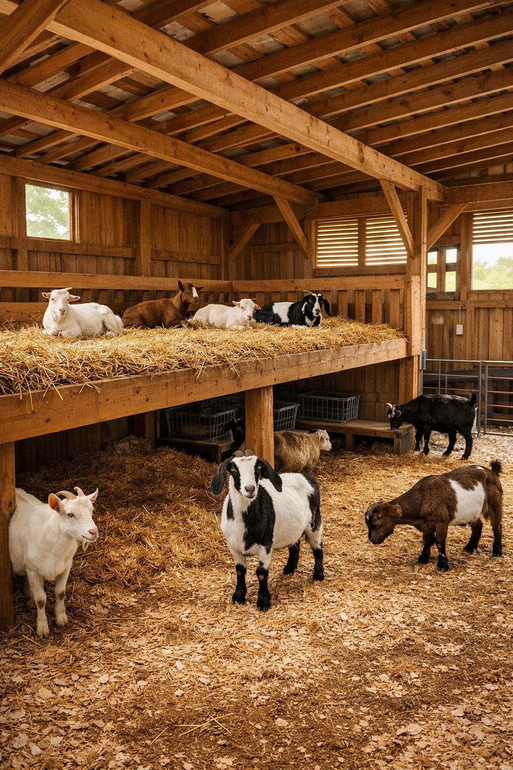 Interior of a goat barn with a raised loft for bedding and several goats resting and walking inside.