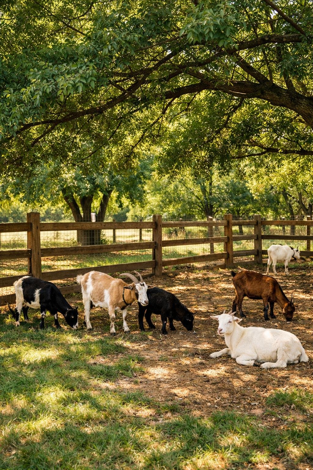 Goat enclosure shaded by a dense tree canopy with goats grazing and resting inside.