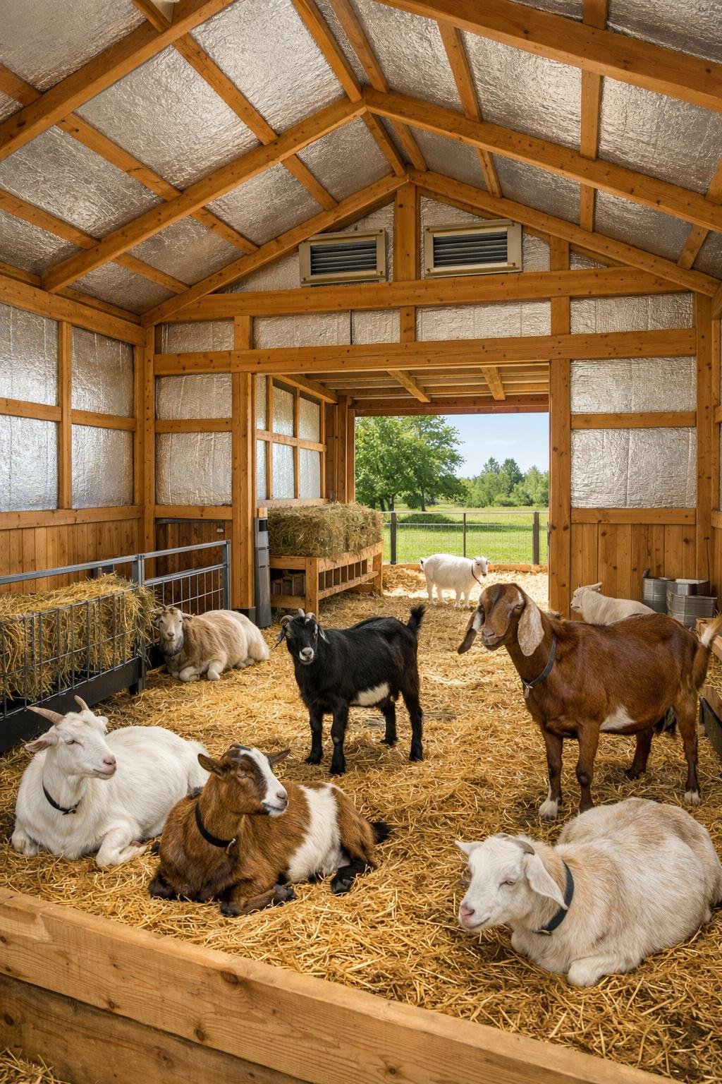 A wooden insulated goat shed with goats inside and green pasture surrounding it.