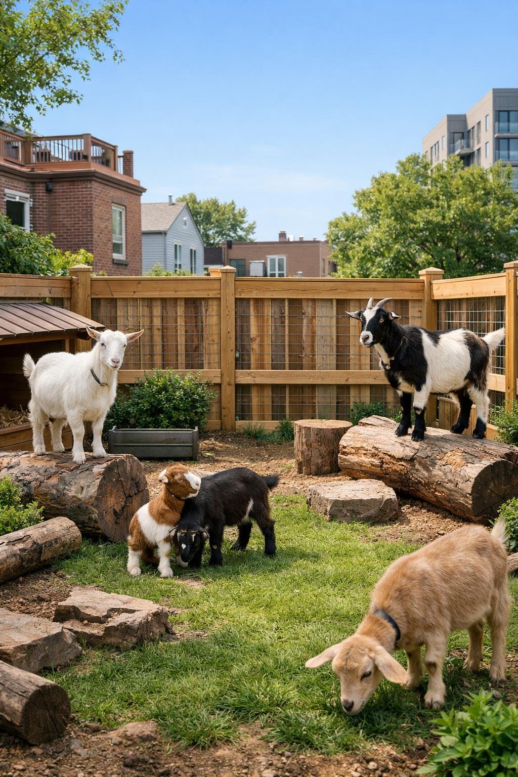 A small urban backyard goat pen with wooden fencing, green grass, shrubs, and several goats inside, surrounded by residential buildings.