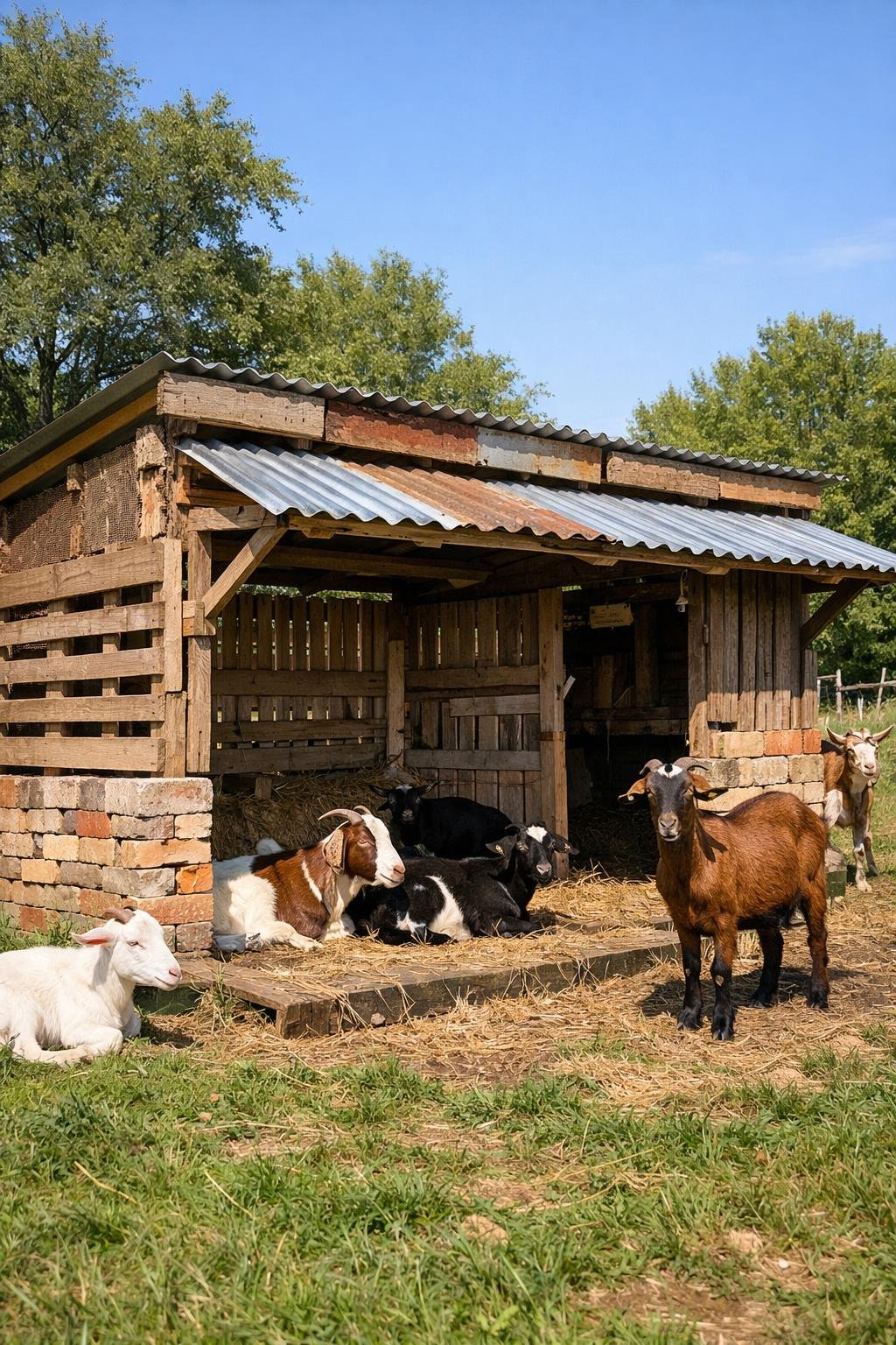 Goats resting and roaming around a shelter made from recycled wooden pallets and metal sheets in a grassy outdoor area.
