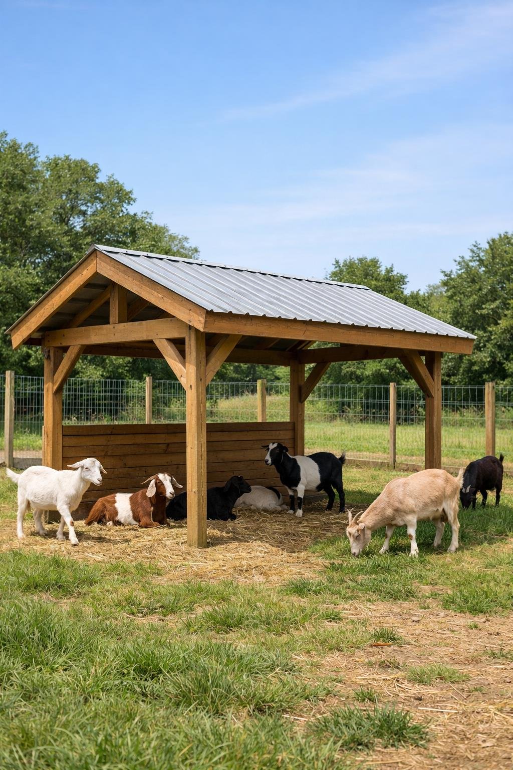 A simple lean-to roof shelter in a fenced outdoor goat enclosure with goats grazing and resting on grass.